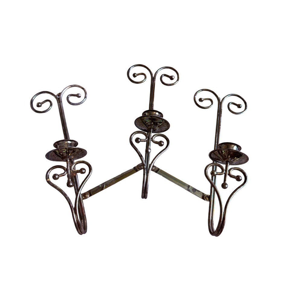 Vintage Gold Tone Metal Triple Wall Sconce Scroll Heart Candelabra Hinged Arm